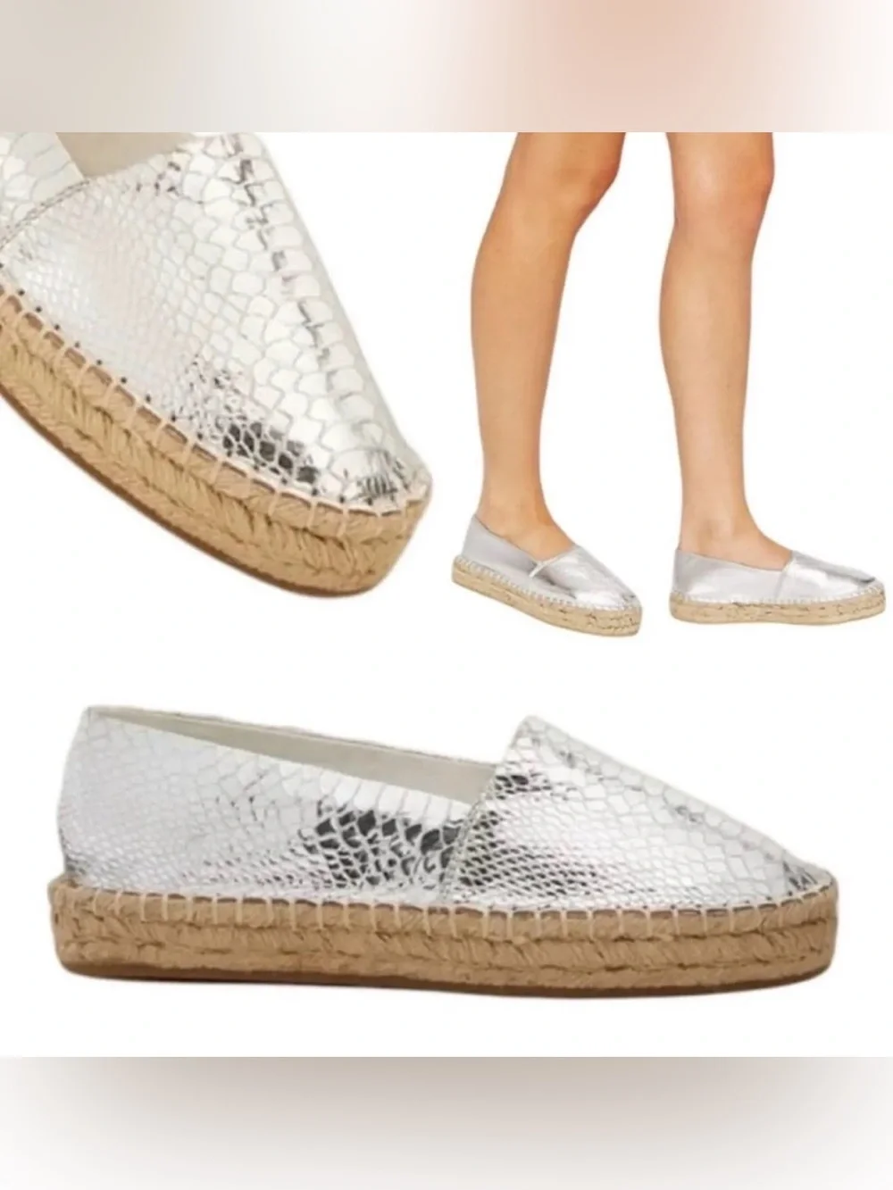 Jack Rogers Silver Palmer Snake-Print Metallic Espadrilles Women’s Sz 8.5